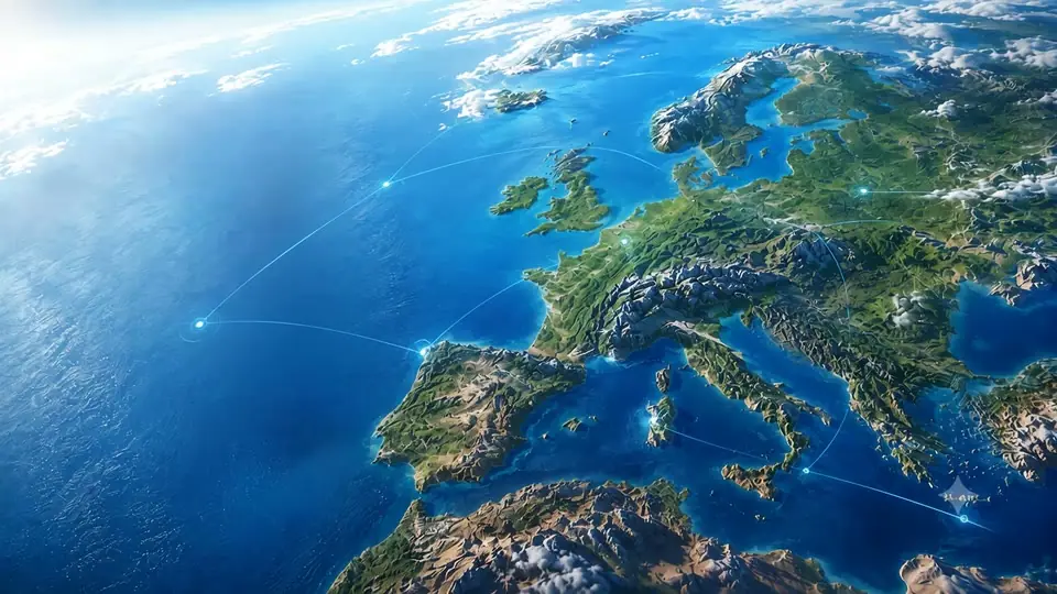 A connected globe rotating above Europe